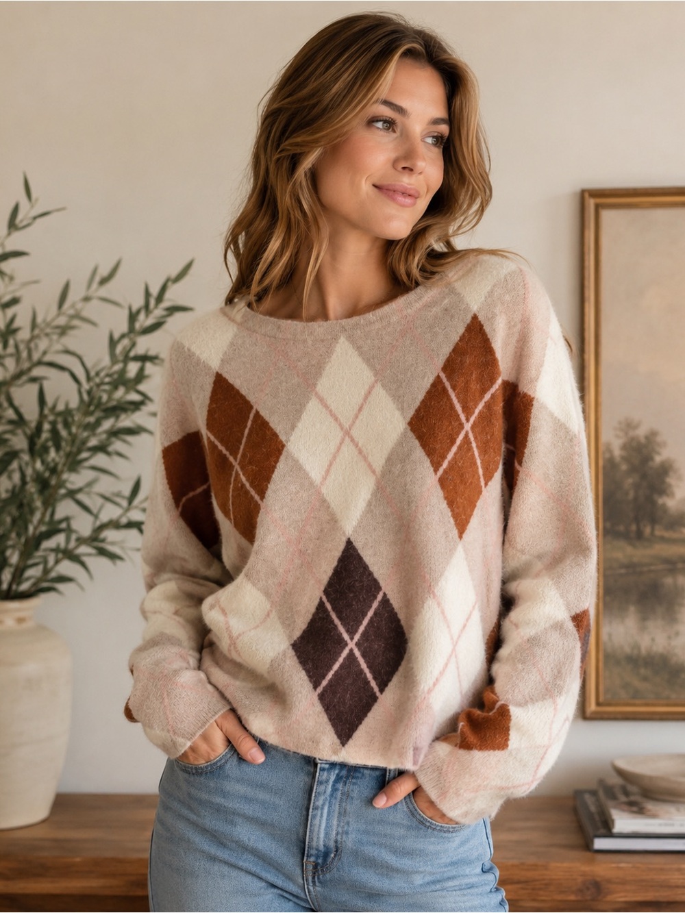 Soft fuzzy argyle sweater in blush taupe neutral tones cozy small